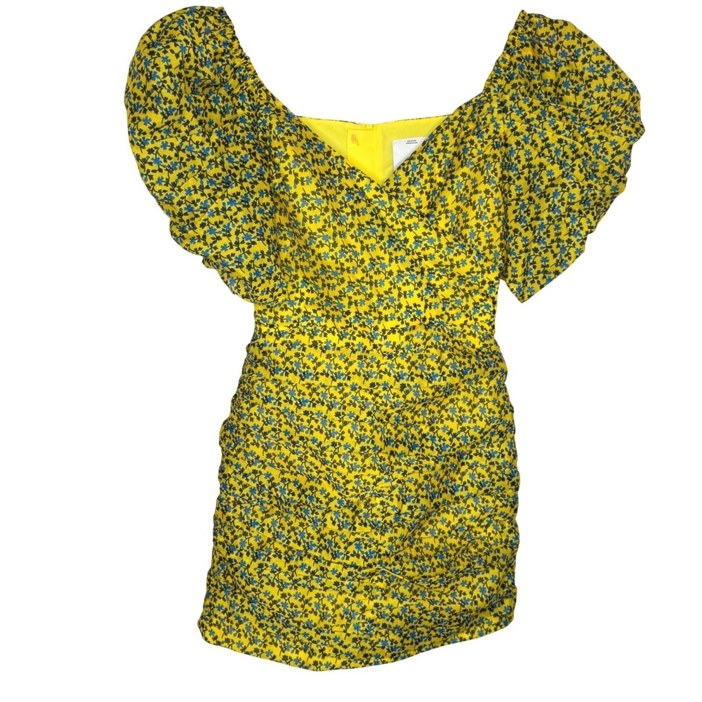 C/MEO COLLECTIVE Dress Yellow Floral Ruched Puff Sleeve Mini Avant Garde Size S